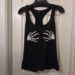 Women's Black Stretchy Razorback Tank Top With Skeleton Hands.
